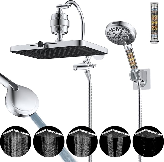 Hibbent Upgraded 5-spray 13'' Dual Filtered Rainfall Shower Head Combo, High Pressure 10-setting Handheld Shower Head with 12'' Adjustable Extension Arm, 20 Stage Shower Filter, 71'' Hose, Chrome