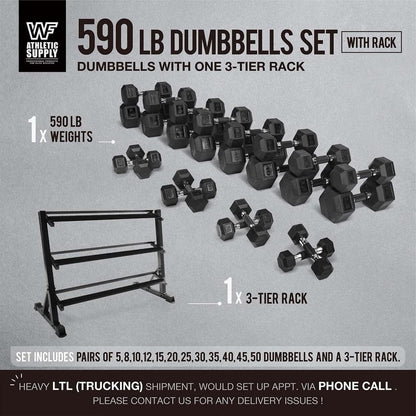 WF Athletic Supply Rubber Encased Hex Dumbbells with Rubber Grip Contoured Handle for Muscle Toning, Strength Building & Full Body Workout