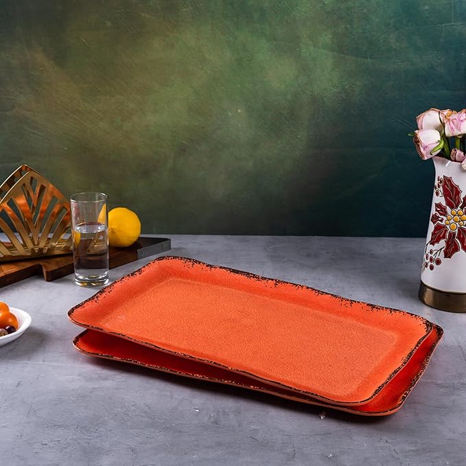 LEHAHA Melamine Serving Tray/Platters Set of 2, 17.5" x 10", 2-Piece Large Rectangular Melamine Platter Set for Serving Food, Orange