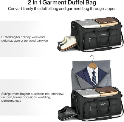MILADA Convertible 2-in-1 Garment Duffel Weekender Bag Carry On Garment Bags for Travel Hanging Clothes Suit Bag Foldable Personal Item Business Overnight Bag with Shoe Compartment, Black