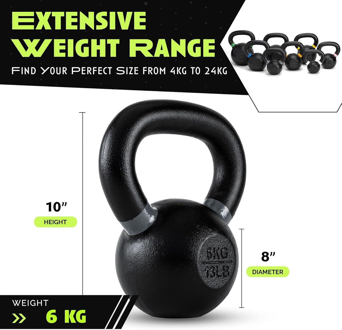 Single Cast Iron Kettlebell | Powder Coated - Wide Handle Weights for Core & Glute Workouts; Swings, Squats, Deadlifts; Strength, Endurance & Flexibility for Men & Women