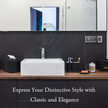Bathroom Accessory Set - 10 Piece Black Bathroom Accessories Set with Trash Can, Toothbrush Holder and Cup, Soap Dispenser, Soap Dish, Toilet Brush Holder, Vanity Tray, Qtip Holder, Tissue Box Cover