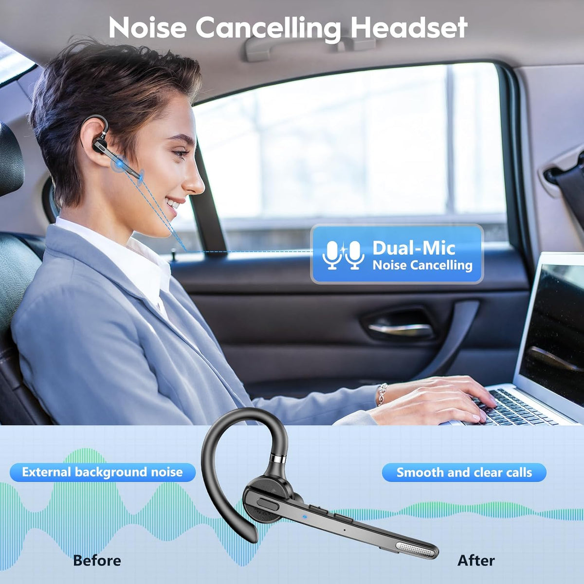 New bee Bluetooth Headset, 72H Talktime Wireless Bluetooth Earpiece for Cellphone with 500mah Charging Case V5.1 Dual Mic Noise Cancelling Hands-Free Earphones for Office Driver