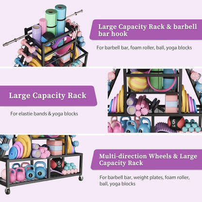 Dumbbell Rack Weight Rack Storage-Large Dumbbells Rack Home Gym Storage,Multilevel Workout Storage Organizer with Wheels and Barbell Holder,Perfect for Yoga Mat Balls Kettlebells and Fitness Gear,black
