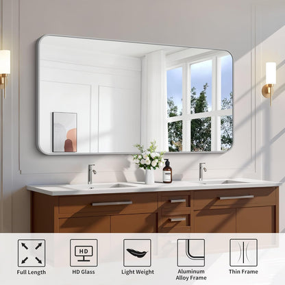 FORBATH 55x36 Inch Silver Bathroom Mirror for Over Sink, Large Rectangular Wall Mirror with Metal Frame, Rounded Corners for Bathroom, Bedroom, Entryway Decor (Horizontal or Vertical)