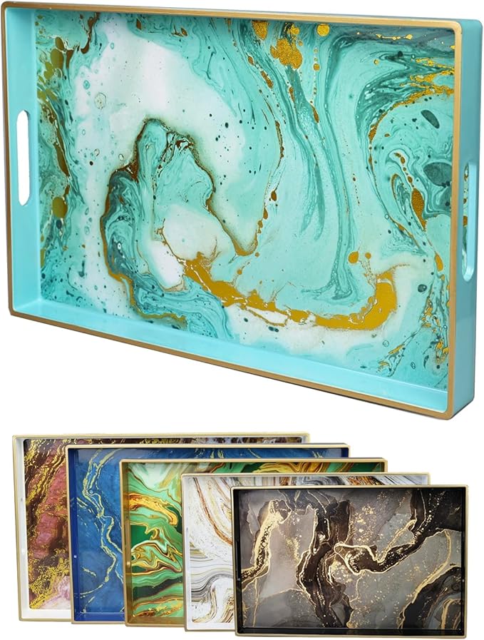 Turquoise Marbling Decorative Tray with Handles, Morden Plastic Rectangular Serving Tray for Coffee Table Bathroom, Ottoman, Home Decor, 15.7"* 10.2"* 1.38"