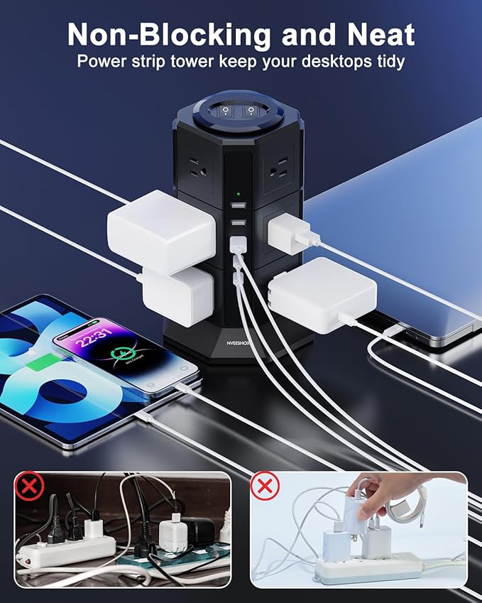 Surge Protector Power Strip Tower, 10FT Ultra Flat Extension Cord with 12 AC Outlets 5 USB Ports(2 Type C), Desktop Charging Station, Flat Plug Outlet Extender for Home Office Dorm