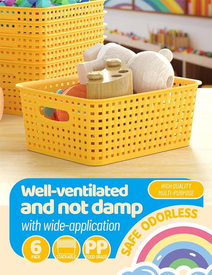 WYT 6-Pack Plastic Small Shelf Storage Weave Baskets Organizing for Cabinets and Pantries, Yellow