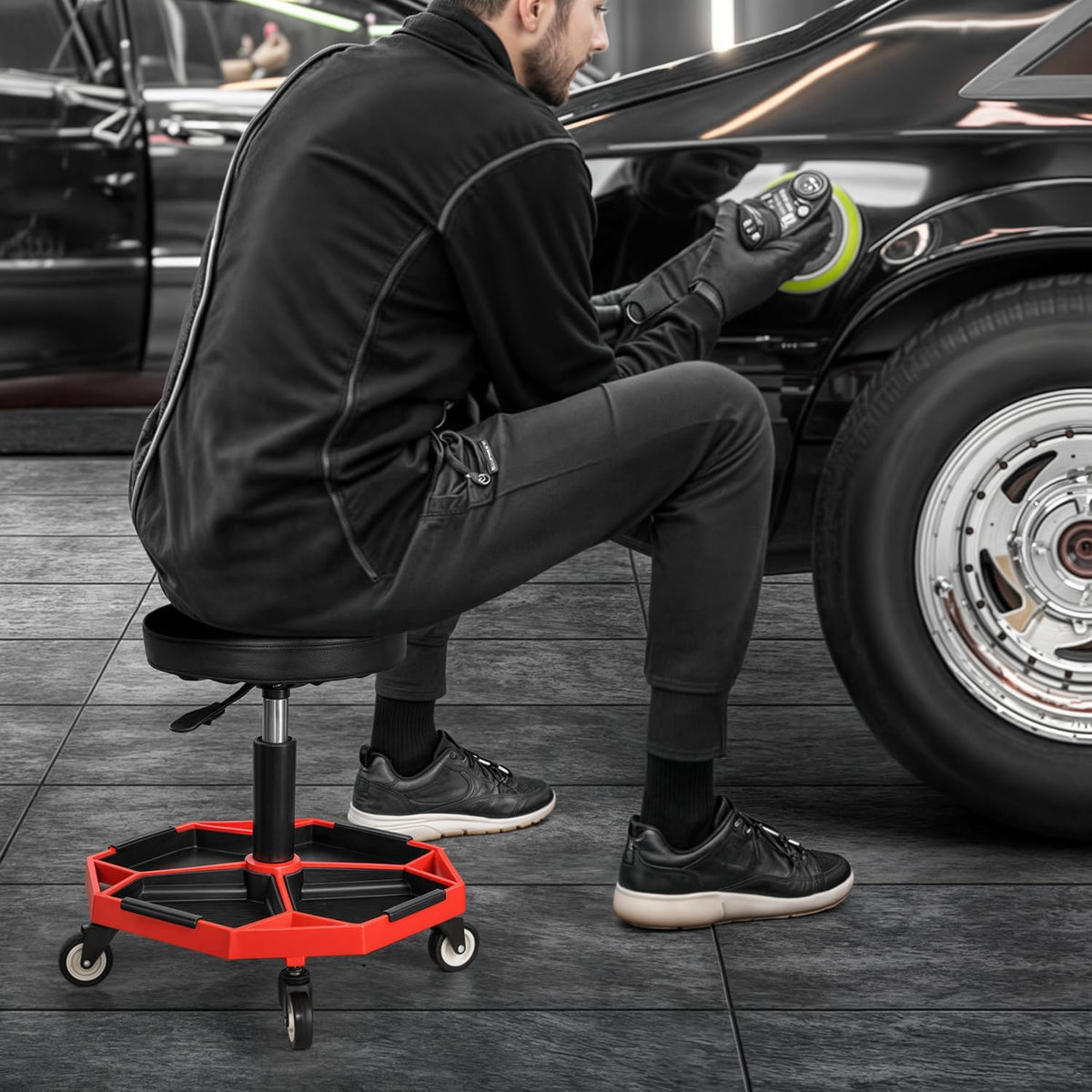 Magshion Adjustable Mechanics Stool with Wheels – 300 lbs Capacity Rolling Shop Stool for Garage & Workshop, Pneumatic Height Adjustable Work Chair with Tool Tray (Red)