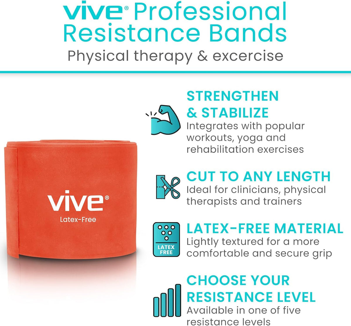 Vive Professional Resistance Bands - 25 Yard Non-Latex Roll for Physical Therapy, Lower and Upper Body Exercise Workout - Straight Elastic for Strength Training, Rehabilitation, Women, Men