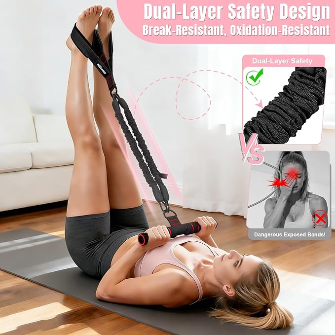 Upgraded Multifunction Pedal Resistance Band with Handle, 3 Tube Adjustable Resistance Bands for Abdomen, Waist, Arm, Core/ABS, Leg Workout - Sit Up Exercise Equipment for Women