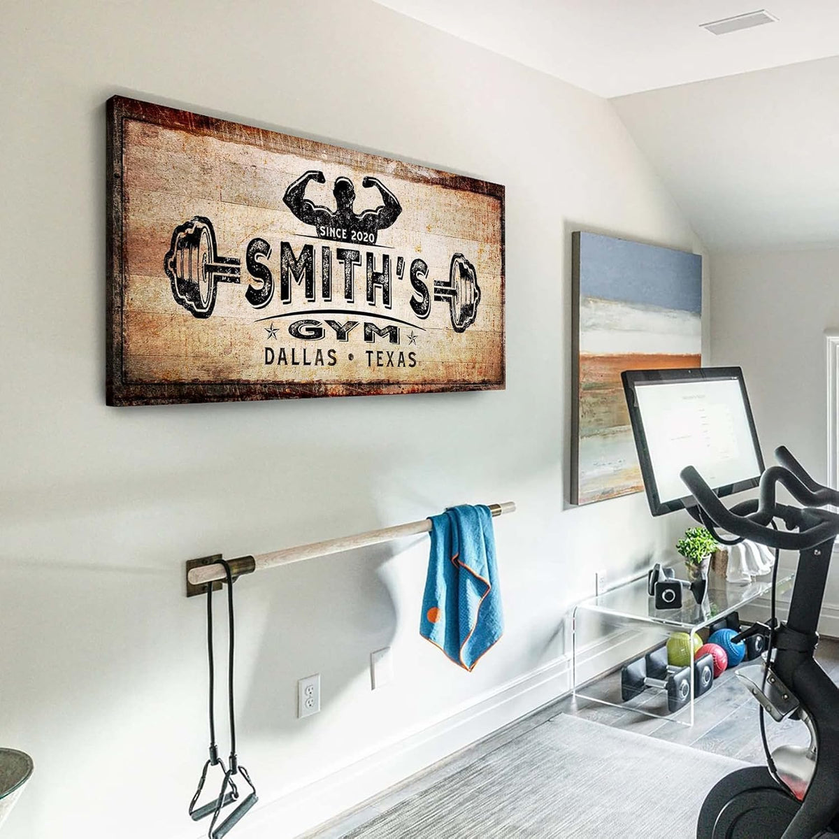 TAILORED CANVASES Personalized Gym Sign Wall Art Decor - Motivational Canvas s for Home Gym, Workout Room, Garage, Fitness Center - Workout Inspirational Posters - Gym Name on Rustic Copper, 48x16in