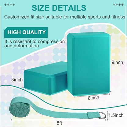 Meooeck 18 Pcs Yoga Block and Strap Set 9 x 6 x 3 Inch EVA Foam Non Slip Brick 8 ft Yoga Straps for Stretching D Ring Design for Back to School Pilates Fitness Workout Exercise