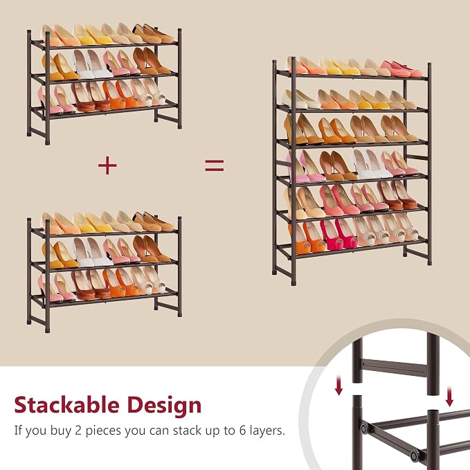 Tajsoon 3 Tier Expandable Shoe Rack for Closet, 28“-41“Adjustable & Stackable Shoe Shelf Storage, Metal Shoe Rack Organizer for Front Door Entrance, Closet, Garage, Entryway, Bronze