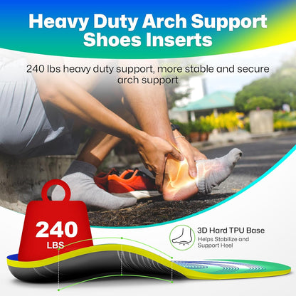 Upgraded Plantar Fasciitis Insoles, 240lbs Heavy Duty Work Boot Insoles for Men, Arch Support Orthotics Inserts, Athletic Gel Shoe Inserts for Pain Relief, Flat Feet, Standing All Day - XL