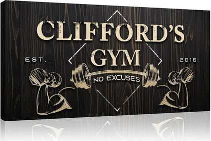 Tailored Canvases Personalized Gym Sign Wall Art Decor - Motivational Canvas for Home, Workout Room, Garage, Fitness Center - Inspirational Posters With Name on Wooden Background, 48x24in