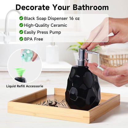 Ceramic Bathroom Accessories Set 4 PCS,Bathroom Toothbrush Holder Set,Soap and Toothbrush Holder Set,Include Toothbrush Holder,Soap Dispenser,Soap Dish,Tumbler,Bathroom Sets Decor Organizer (Black)