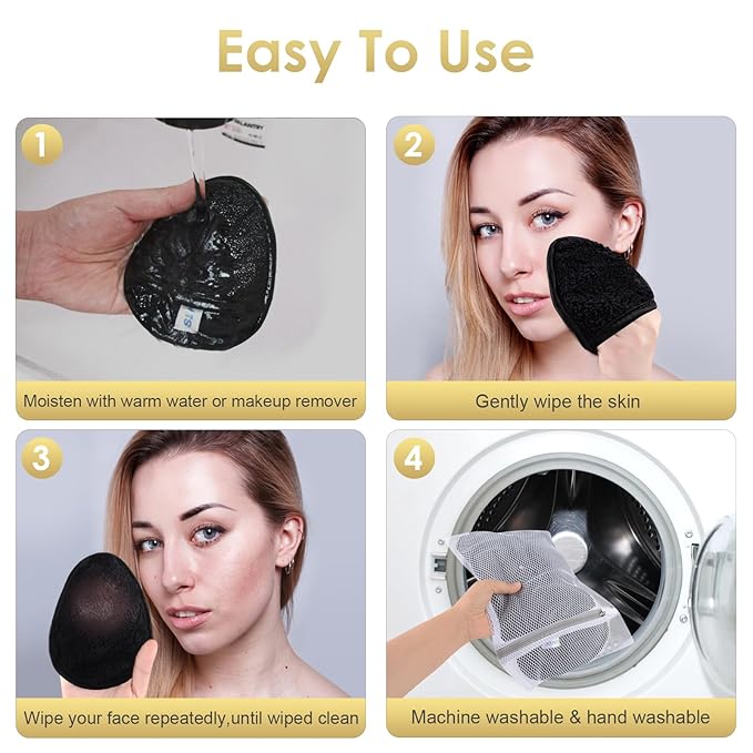SINLAND Reusable Makeup Remover Pads For Face,Eye,Lips Microfiber Gentle Facial Cleansing Cloths for All Skin Types Friendly for Makeup Remover With Laundry Bag Black Pack of 12