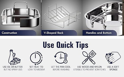 Cooks Standard Stainless Steel Roaster Pan with V-Shaped Rack, Inner 14-Inch x 11-Inch; Edge 15-Inch x 12-Inch; Turkey Roasting Pan Bakeware for Oven, Rectangular