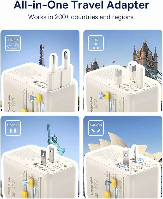 Baseus 70W Universal Travel Adapter with Retractable Cable, 6-in-1 International Plug Adapter, USB-C PD Fast Charging Worldwide Wall Charger for USA/EU/UK/AUS and Over 200 Countries (Off-White)