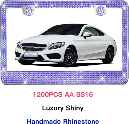2 Pack License Plate Frames for Women, Sparkly Rhinestone Diamond Car Accessories with Glitter Crystal Caps (Purple (2PCS))