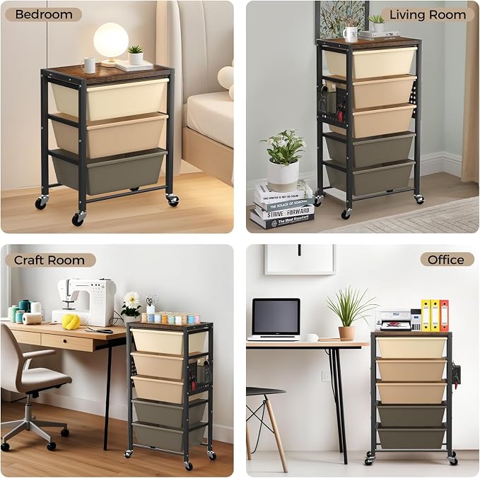 Rolling Cart with 5 Drawers, Plastic Drawer Storage Carts with Wheels & Wooden Tabletop, Metal Utility Cart with Pegboards, Office Living Room Classroom Craft Organization and Storage, Dark Brown