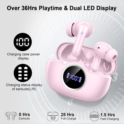 Wireless Earbuds, 2025 Bluetooth 5.4 Headphones Hi-Fi Stereo Ear Buds, 4 ENC Noise Cancelling Mic, 40+Hrs USB-C in-Ear Earphone, IP-X7 Waterproof Sport Workout Gym for Laptop Pad Android iOS