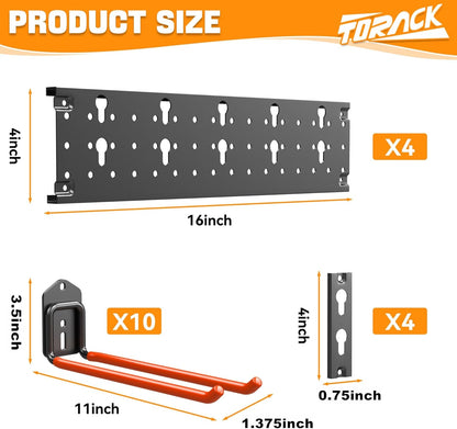 TORACK Garden Tool Organizer Wall Mount, Garage Folding Chair Storage Rack, Tools Rack for Shovels, Rakes, Broom, Ladders, Hooks for Keyhole Style Shelving Unit