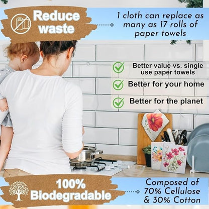 Swedish Dishcloths for Kitchen - Ecofriendly Reusable Paper Towels, Biodegradable Dish Cloths - Cellulose Sponge Dish Cloths for Washing Dishes - 8 Pack (Floral)
