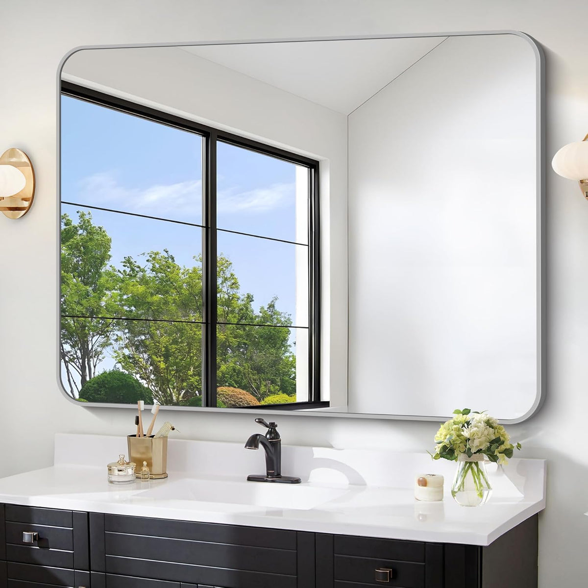 FORBATH 36x48 Inch Silver Bathroom Mirror for Over Sink, Large Rectangular Wall Mirror with Metal Frame, Rounded Corners for Bathroom, Bedroom, Entryway Decor (Horizontal or Vertical)