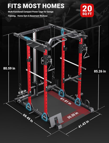 YOLEO Smooth Dual Pulley System Power Cage, 1600LBS Adjustable Cable Crossover Power Rack, Multi-Functional Squat Rack for Home Gym with More Training Attachment