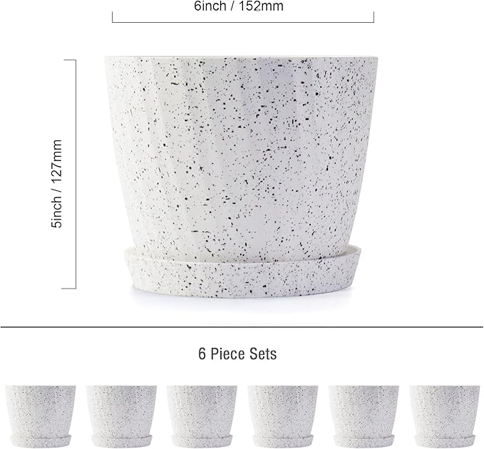 6 Inch Plant Pots Bulk, 6 Pack Plastic Planters with Drainage Holes and Saucers for Indoor Outdoor House Plants and Flowers,White Spots