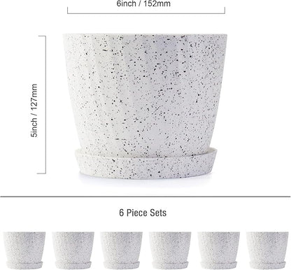 6 Inch Plant Pots Bulk, 6 Pack Plastic Planters with Drainage Holes and Saucers for Indoor Outdoor House Plants and Flowers,White Spots