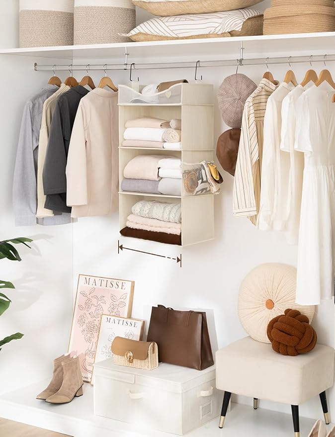 StorageWorks Hanging Closet Organizer, 3-Shelf Hanging Closet Shelves with Top Shelf, 15 ¾"W x 12" D x 31" H, Extra-Large Space, Ivory White