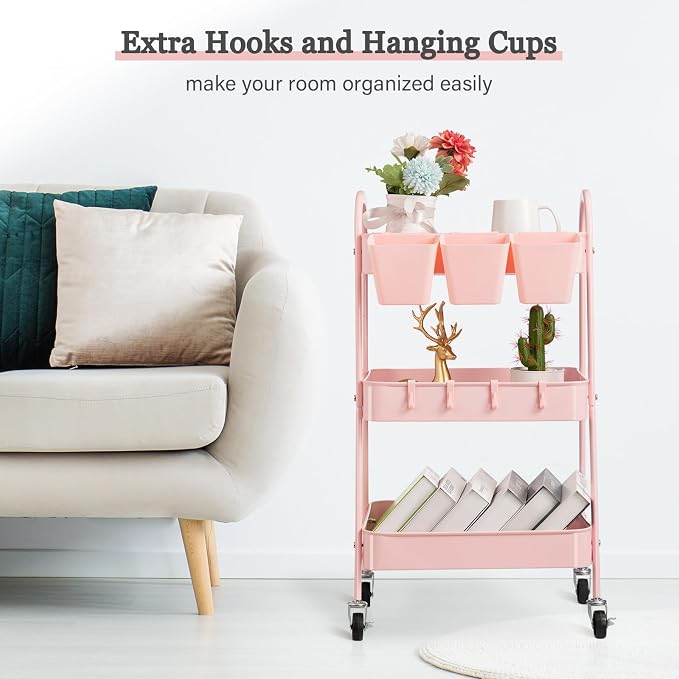 danpinera 3-Tier Rolling Cart, Utility Cart Mobile Metal Rolling Storage Cart with Lockable Wheels & Hanging Cups & Hooks for Kitchen, Bathroom, Office, Workshop, Pink