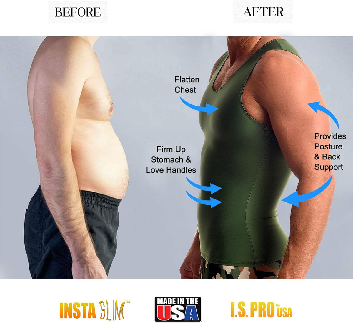 Insta Slim -Made in USA- Compression Tank-Top Shapewear for Men. Tummy Control Slimming Body-Shaper for Belly & Back Support