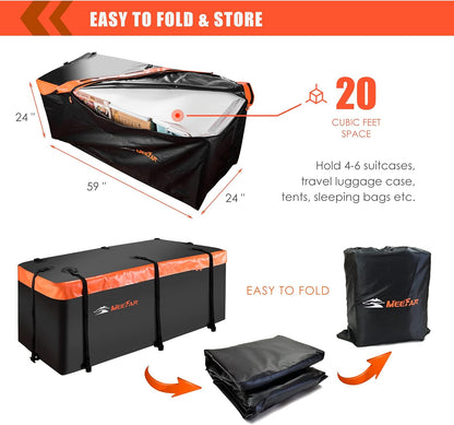 MeeFar Hitch Mount Cargo Carrier Bag Soft Shell 100% Waterproof 20 Cubic Feet (59" 24" 24") Include 8 Reinforced Straps for Truck Pickup All Vehicle with Steel Cargo Basket