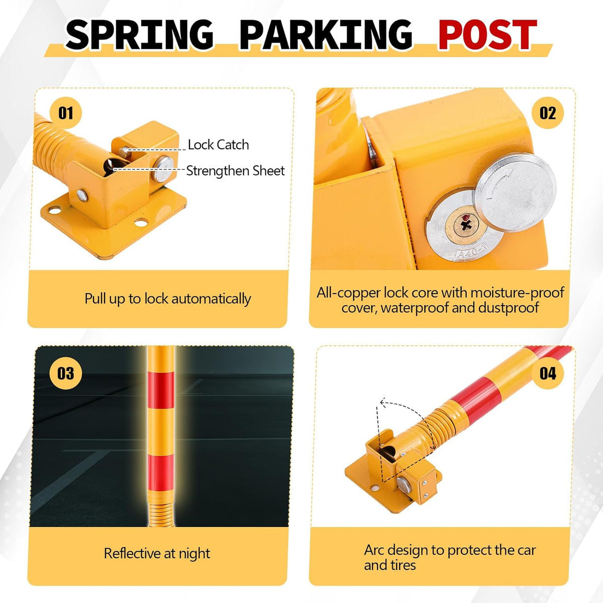 Zonon 1 Pcs Spring Parking Post Folding Heavy Metal Parking Barrier Lock Obstacle Pile with Warning Stripes Interceptor Bollard for Traffic-Sensitive Area Garage
