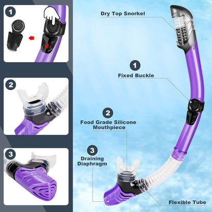 ZEEPORTE Mask Fin Snorkel Set, Travel Size Snorkeling Gear for Adults with Panoramic View Anti-Fog Mask, Trek Fins, Dry Top Snorkel and Gear Bag for Swimming Training, Snorkeling Kit Diving Packages