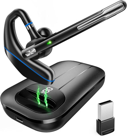 Bluetooth Headset V5.3, Wireless Earpiece with 1000mAh Charging Case, 96H Talktime, Hands Free Noise Canceling Headphones with Dual-Mic for Computer Cell Phones Trucker Home Work (Blue)