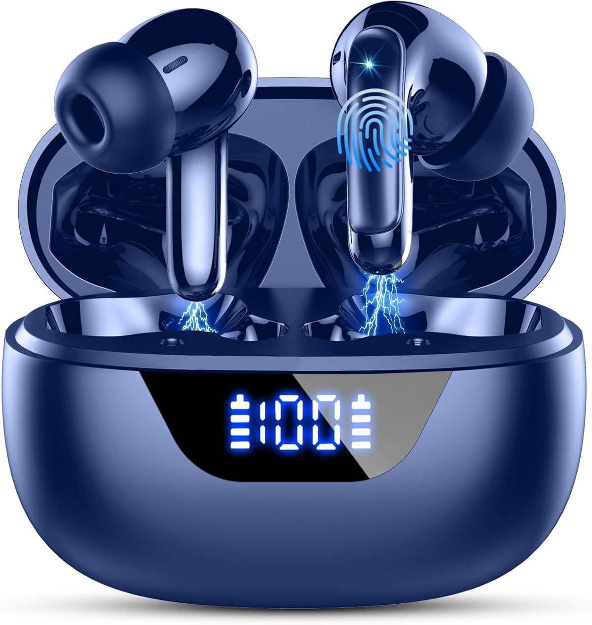 Wireless Earbuds, Bluetooth 5.4 Headphones, ENC Noise Cancelling Mic Ear buds with Stereo Bass, 48H Playtime Earphones , LED Display, IP7 Waterproof In Ear EarBuds for Phone Android iOS Sports, Blue