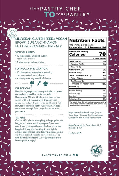 LillyBean Gluten Free Cinnamon Buttercream Frosting Mix with No Artificial Colors - Dairy and Soy Free, Vegan Icing for Decorating Cakes, Cupcakes, Cookies - 12 oz