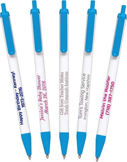 USA Made, Personalized Writing Ink Ballpoint Novelty Pens, Custom Printed with Your Logo & Text (Pack of 100 White Pens with Light Blue Trim)