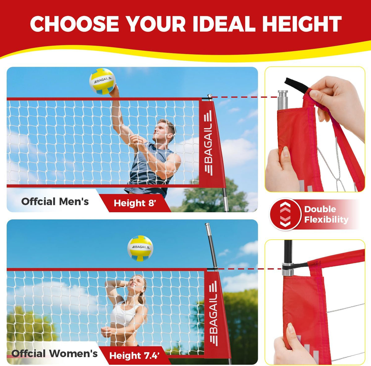 BAGAIL Volleyball Net, 12ft/20ft Portable Volleyball Net for Backyard - Adjustable Height, Heavy-Duty Frame, Freestanding Design - Portable Outdoor/Indoor Volleyball Set with Carry Bag