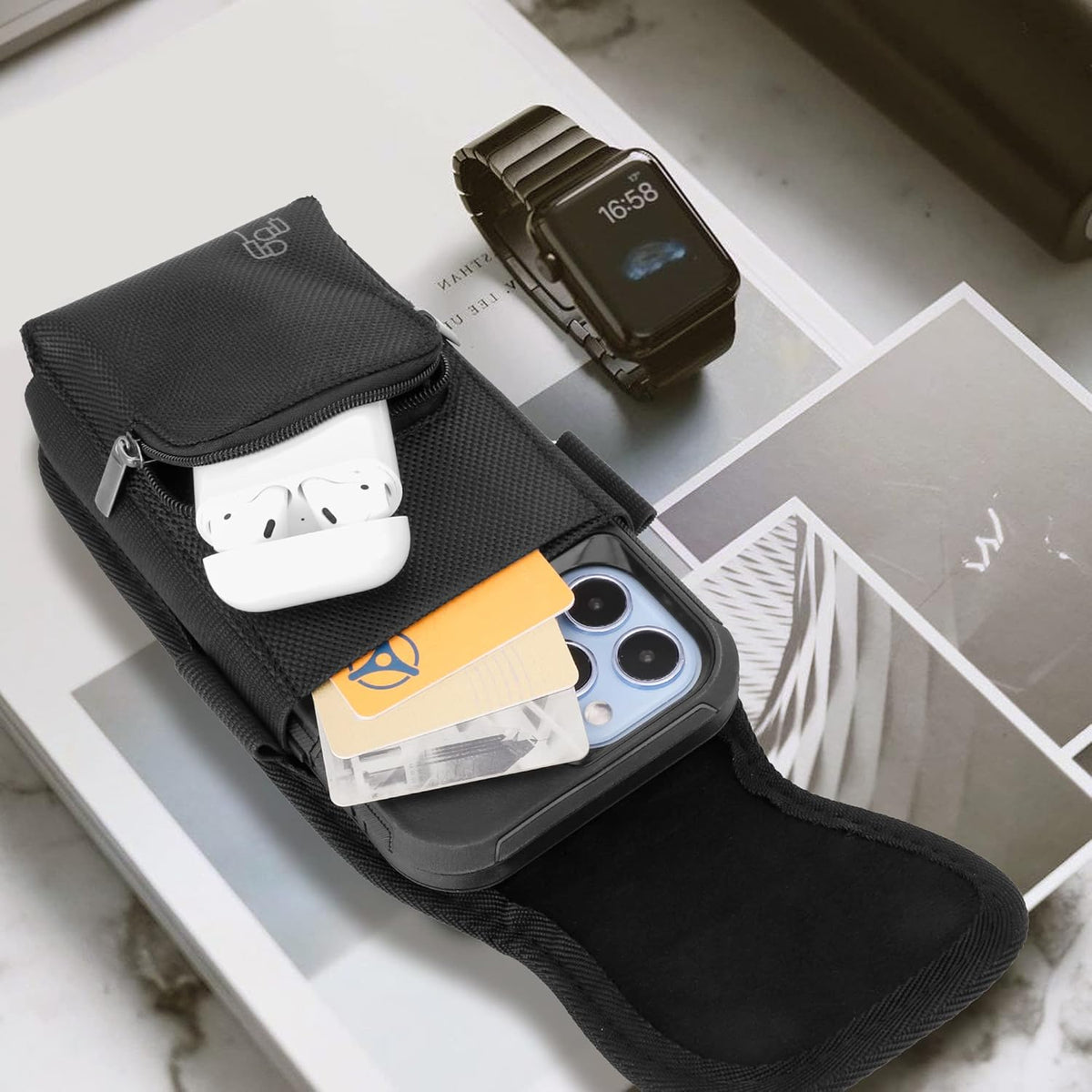 Perilogics Phone Holster with Magnetic Cover, Belt Clip Pouch Fits iPhone 17 Pro Max, 16 Pro Max, 16 Plus and Other Pro Max/Plus Models with Case Installed, with Zipper Storage & Card Pocket
