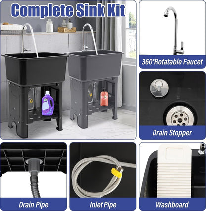 Free Standing Utility Sink with Washboard Laundry Tub Sink for Outdoor,Garage,Basement,Garden wuth Faucet,Drain,Storage Shelf (Gray, 23.6 * 15.8 * 30.1in)