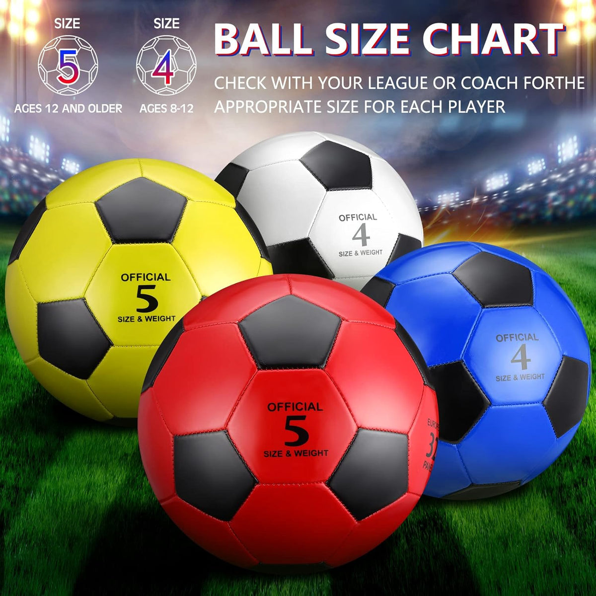 HyDren 4 Pack Soccer Ball with Pump Official Size 4/5 Deflated Soccer Balls Bulk for Outdoor Indoor Practice Training Sport Gift for Kids Boys Teen Youth Adult