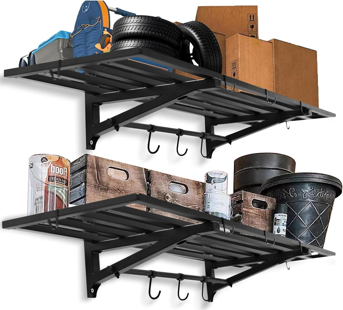 2-Pack 1X4 FT Garage Shelving Wall Mounted Holds Up to 800 Lbs Heavy Duty Wall Shelf, Black Metal Floating Adjustable Wall System Shelves for Garage Storage, Shed