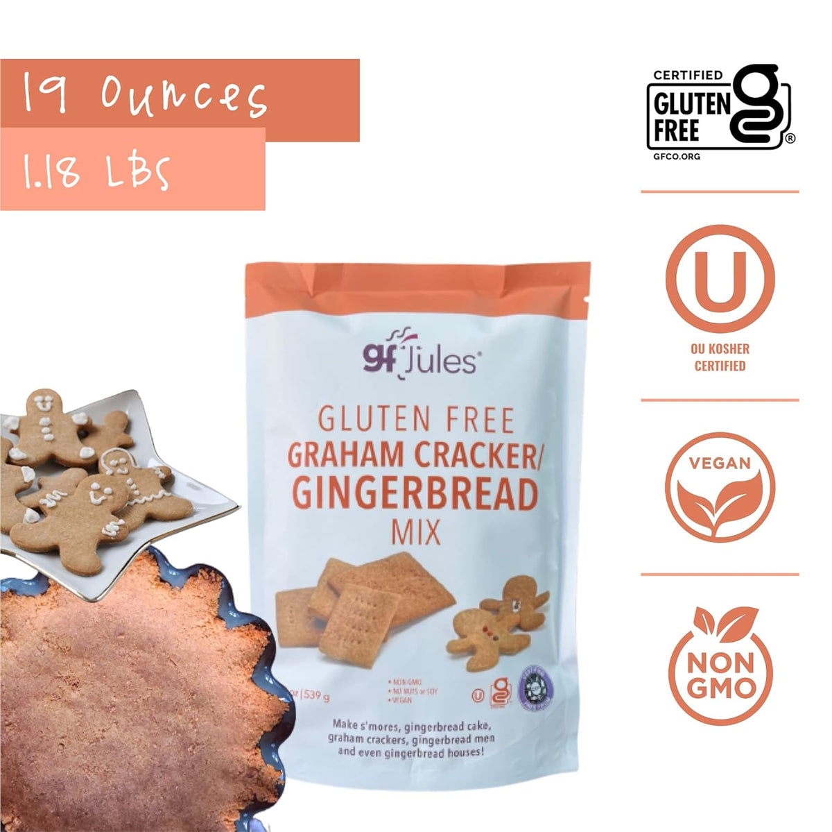 gfJules Certified Gluten Free Graham Cracker and Gingerbread Baking Mix | No Grit, Non-GMO, Vegan | Certified Top 9 Allergen-Free & Kosher | Perfect Long-Lasting Snacks | 19 Ounces