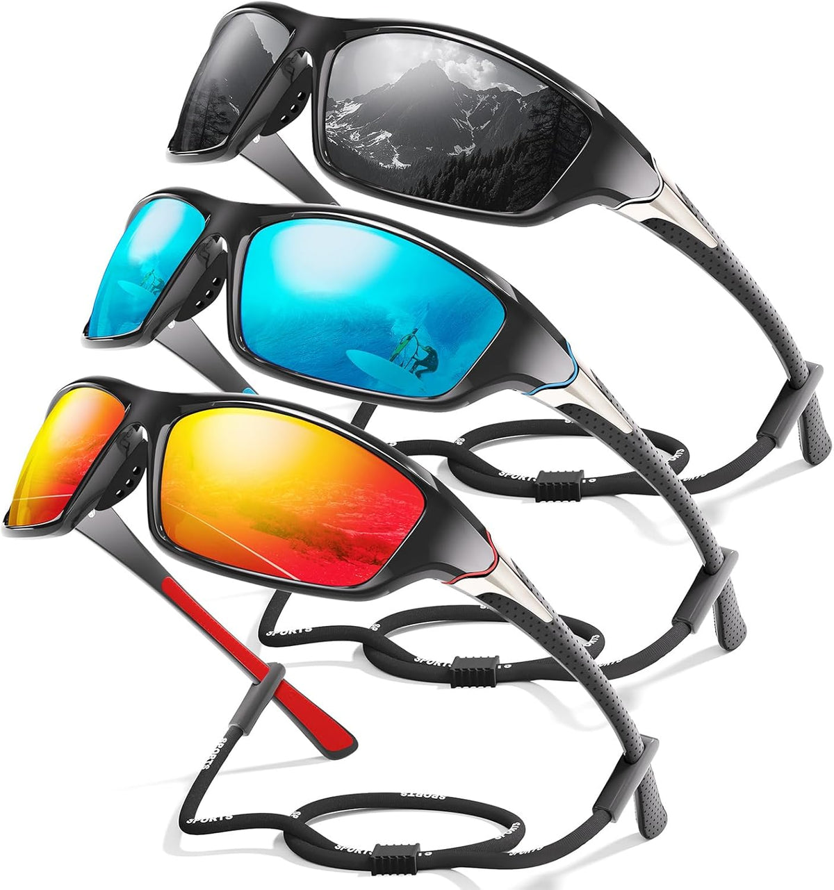 3 Pack Polarized Sports Sunglasses for Men, Mens Sunglasses Wrap Around UV400 Protection for Cycling Fishing Driving